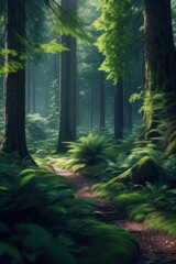  Rich forest background created with, fullness of green plants, fresh air. AI.Generative AI