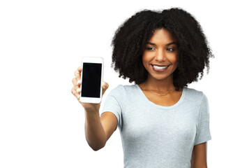 Phone, application and smile with a black woman isolated on transparent background showing an empty display screen for marketing. Mobile, contact or website with a happy young brand ambassador on PNG