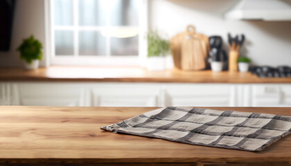 Wooden dinning table with napkin in front of blurred kitchen