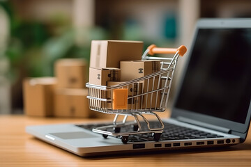 Product package boxes in cart with a shopping bag and laptop computer, for online shopping and delivery concept. online shopping and e-commerce concept