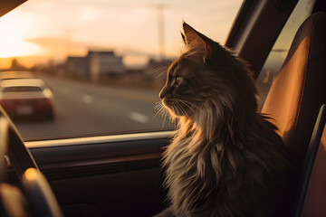 Wall Mural - cat in car on a road trip looking out of window