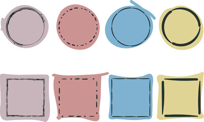 frames, border set. hand drawn paint brush doodle line strokes and fills, colorful palette. circle w