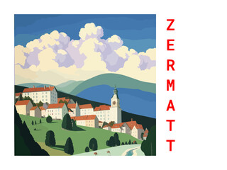 Wall Mural - Zermatt: Vintage artistic travel poster with a Swiss scenic panorama and the title Zermatt