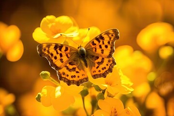 Poster - colorful butterfly perched on a vibrant yellow flower. Generative AI