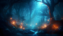 Glowing Blue Fairy Forest Night Landscape With Fireflies