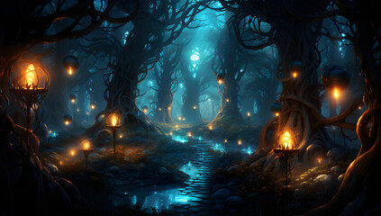 glowing blue fairy forest night landscape with fireflies