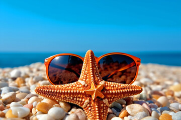 Wall Mural - starfish in sunglasses on the beach and sea with few shells