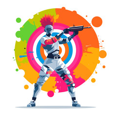 Wall Mural - Laser Game player of modern shooting games of the future. Colored glow on the background of the character. Cartoon illustration