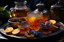 Traditional Moroccan Tea Set On A Patterned Rug, Capturing The Essence Of Moroccan Hospitality. Generative Ai