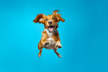 Brown And White Dog Jumping In The Air With Its Mouth Open And Tongue Out. Generative AI.