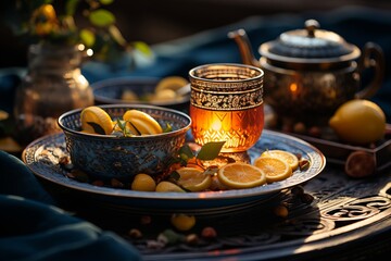 Wall Mural - Traditional Moroccan tea set on a patterned rug, capturing the essence of Moroccan hospitality. Generative Ai