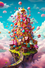 Wall Mural - Very colorful castle with lots of balloons floating in the sky above it. Generative AI.