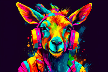 Wall Mural - Colorful goat with headphones on and microphone in his earphones. Generative AI.