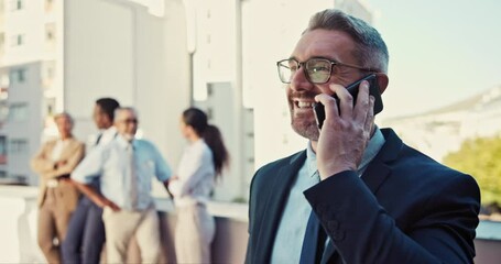 Aufkleber - Smile, talking and businessman on a phone call at work for networking or communication. Happy, ceo and an executive mature employee or manager speaking on a mobile at the office for discussion