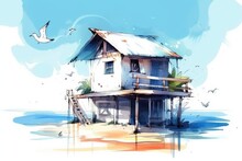 Coastal House On Stilts With Seagulls Flying Around It. Generative AI