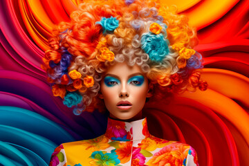 Canvas Print - Woman with colorful hair and bright makeup is posing for photo in front of multi - colored background. Generative AI.