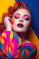 Wall Mural - Woman with red hair and bright makeup is wearing colorful dress and holding her hand on her shoulder. Generative AI.