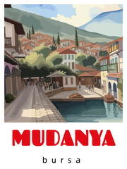 Wall Mural - Mudanya: Retro tourism poster with a Turkish landscape and the headline Mudanya / Bursa