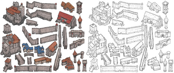 the fantasy city constructor with houses, walls, towers, castles and gates is made in a chaotic styl