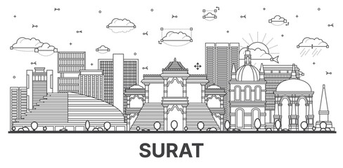 Wall Mural - Outline Surat India City Skyline with Modern and Historic Buildings Isolated on White.