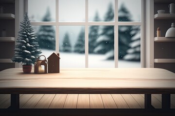 Wall Mural - cozy wooden table setup with a view from a window. Generative AI