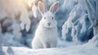 White hare sits on the snow in the winter forest