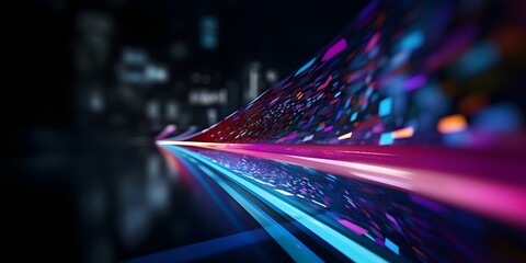 abstract neon arrow. speed and technology concept. glowing pink blue lines and bokeh lights, ai gene