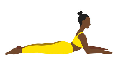 Wall Mural - Flexibility yoga pose. African American female, lady, woman, girl with yellow track suit. Pilates, training, fitness, sport. Vector illustration in cartoon flat style isolated on white background.