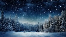Winter Forest With Snow, Sky And Stars At Night