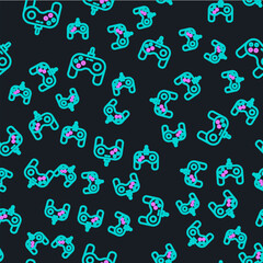 Wall Mural - Line Gamepad icon isolated seamless pattern on black background. Game controller. Vector