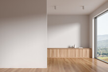Cozy Home Living Room Interior With Drawer, Decoration And Window. Mockup Wall