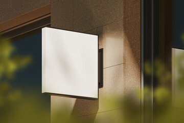 square light box empty display on beige concrete wall outdoors, mock up