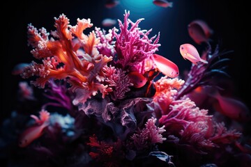 Wall Mural - A panoramic view of a coral reef, showcasing the interplay of light and shadows on the vibrant underwater landscape, revealing the hidden depths and mysteries of the coral ecosystem