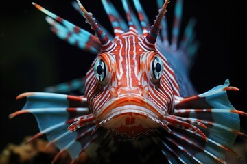 Wall Mural - A mesmerizing shot of a lionfish camouflaged among the vibrant coral, its striking appearance and predatory gaze adding a sense of drama and intrigue to the underwater world