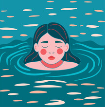 Girl In The Water. The Girl Swims In The Water. Portrait Illustration. Vector Simple Graphics, Flat Style. Girl On Vacation. The Girl In The Pool