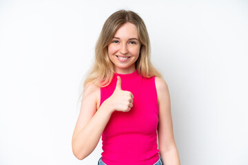 Wall Mural - Blonde English young girl isolated on white background giving a thumbs up gesture