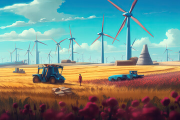 Autumn landscape. The work of the tractor on the background of windmills.