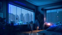 Animated Virtual Backgrounds Wallpaper, Stream Overlay Loop, Cozy Lo-fi Living Room, Raining Night Sky, Vtuber Asset Twitch Zoom OBS Screen, Anime Chill Hip Hop, Cyan Skyline Outside Window,
