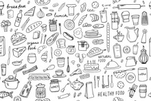 Seamless Pattern Of Healthy Food And Fast Food Ingredients In Doodle Style With Lettering In Vector. Great For Menu Design, Banners, Sites, Packaging. Vector Illustration EPS10