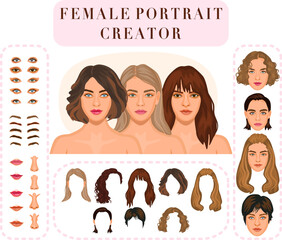 Female portrait generator. Avatar creator set. Faces of young women with different features and hairstyles. Diversity And variety Concept.