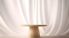 Empty Modern Round Wooden Podium Side Table In Soft White Blowing Drapery Curtain Drapes In Sunlight For Luxury Cosmetic, Skincare, Beauty Treatment, Fashion Product Display Background 3D