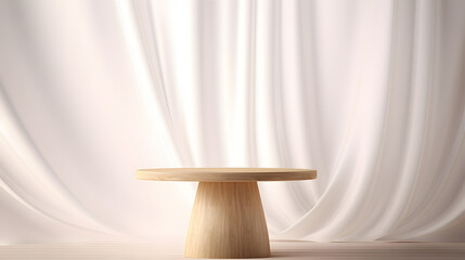 empty modern round wooden podium side table in soft white blowing drapery curtain drapes in sunlight