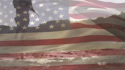 Wall Mural - Animation of flag of usa over diverse soldiers
