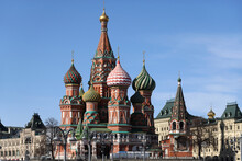 Cupolas Of St. Basil's Cathedral On Red Square In Moscow Russia Against Blue Cloudless Sky