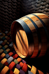 Fototapete - An abstract photograph of a wine barrel, focusing on its curves, textures, and the play of light and shadow, Generative AI technology.