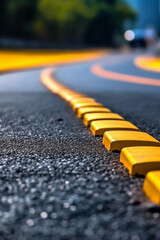 Aufkleber - A close-up photograph of a freshly painted road with bright yellow lines, highlighting the order and precision in road construction and maintenance.  Generative AI technology.