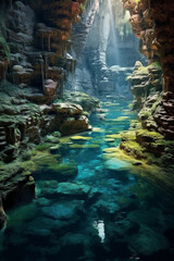 Poster - A drone shot of an underground river or cave system, capturing the natural beauty and serenity of these hidden underground wonders. Generative AI technology.