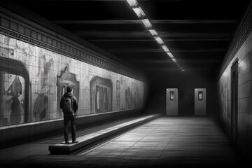Poster - A black and white photograph of an underground subway platform,  Generative AI technology.