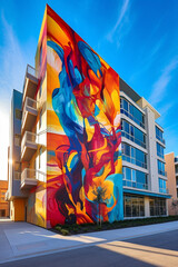 Aufkleber - A large-scale abstract mural adorning the side of a building, using bright colors and gestural brushwork to create a visually striking and captivating composition.  Generative AI technology.