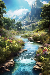 Poster - A digital art landscape painting that captures the beauty of nature with vibrant colors, intricate details, and realistic textures,  Generative AI technology.